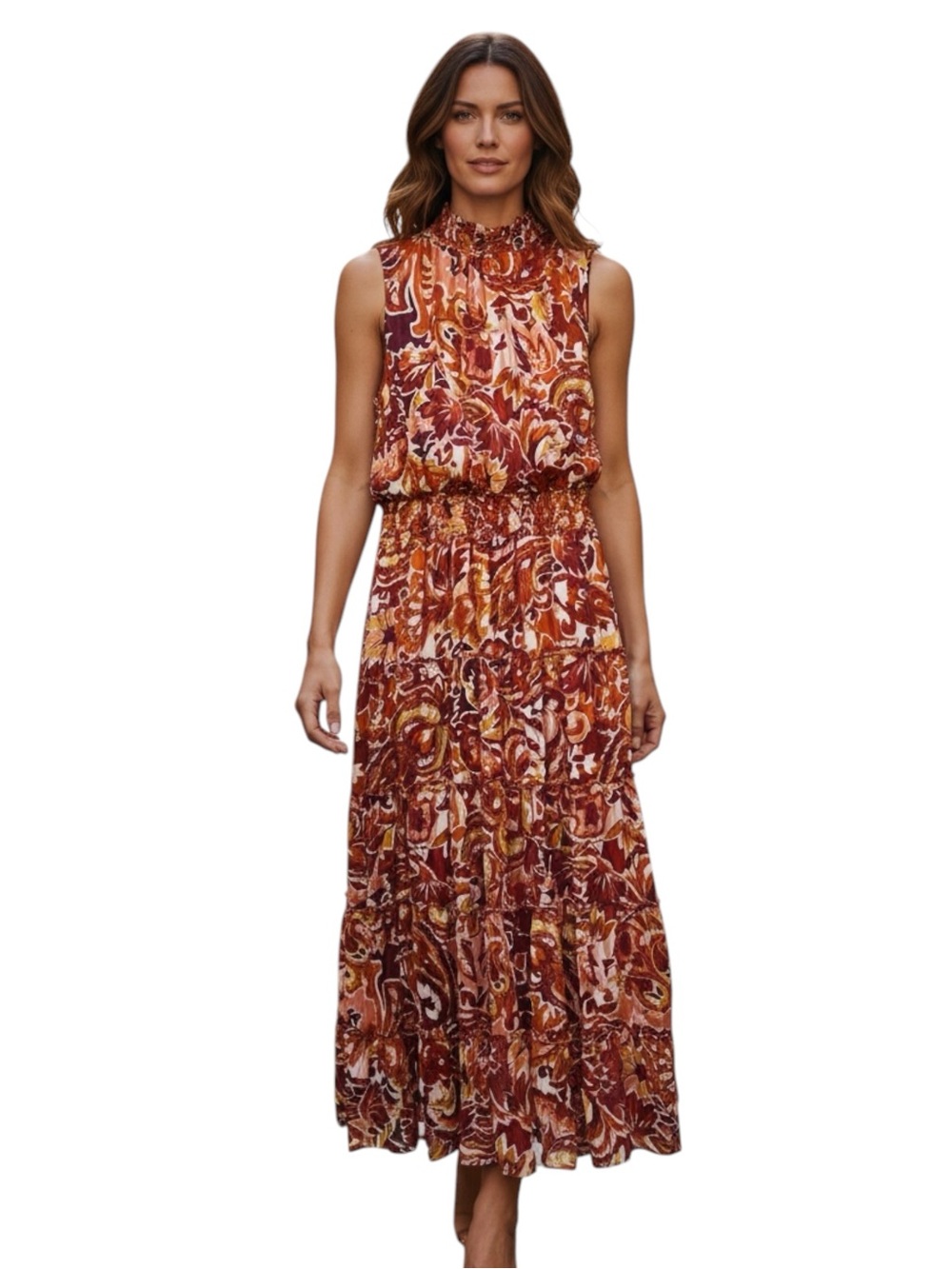 MSK Rust Paisley Floral Tiered Maxi Sleeveless Smocked Dress Medium NWT